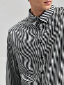 Officeau Camisa de vestir de manga larga con estampado de rayas, de estilo casual elegante para hombres, apta para primavera y verano - Negro - Ver 6
