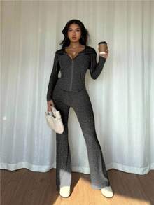 Rafferiza 2 件女式休闲连帽运动衫，带口袋和喇叭裤罗纹针织套装，适合秋冬季