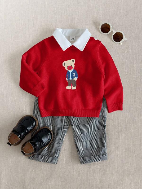 PrepCrw كنزة صوفية صوفية بطبعة الدب بطراز كولومبي للأولاد الرضع