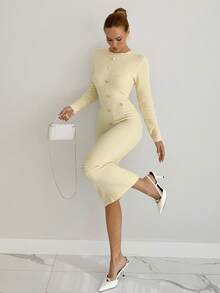 Siren Gaze Women's Soft Yellow Autumn Elegent Work Knit Dress,Round Neck Long Sleeve Metal Button Design Fitted Ribbed Dress,Solid Color Winter White Dress - White - View 2