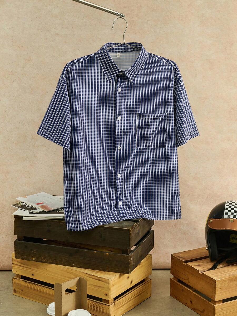 Open Phase 男士夏季格子短袖单排扣休闲衬衫，春夏款，复古美式，男女皆宜，宽松版型夏季服装——适合日常穿着和夏季度假穿着。 - 彩色 - 查看 1
