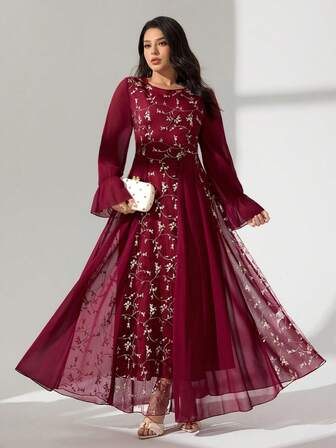 Modelyn Mesh Embroidered Patchwork Chiffon Long Sleeve Flared Dress For Plus Size Women