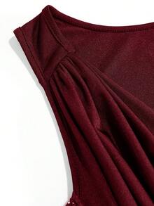 Cravure Plus Size Women Lantern Sleeve Decor Party Sheer Mesh Blouse - Burgundy - View 4