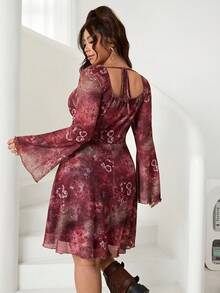 SHEIN EZwear Plus Size Women Elegant Floral Print Flare Sleeve Dress, Autumn - Multicolor - View 2