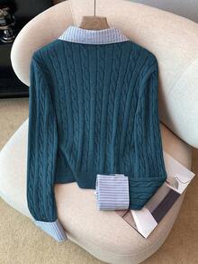 Elnivra Y2K Stylish Fashionable Blogger-Inspired 2 In 1 Patchwork Knit Cropped Cardigan, European And American Style,Street Chic - Teal Blue - View 9