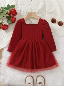 SHEIN Toddler Girls' Cute & Elegant Long Sleeve Mesh Dress, Soft & Comfortable Fabric Suitable For Parties, Weddings, Outings, Photoshoots, Autumn/Winter