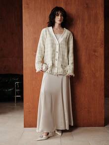 Uhlyne Chaqueta vintage de punto texturizado con cuello en V y flecos, de colores mixtos, para otoño/invierno