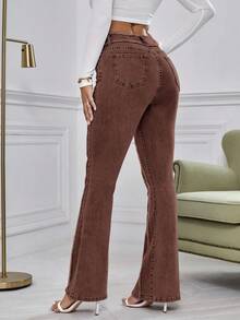 SHEIN Essnce Women's Solid Color Fringe Waist Belt Loop High Waist Casual Slim Flare Leg Jeans,Fall,Fall Clothes For Women - Coffee Brown - View 2