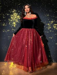 Viva Relle 大码女式露肩网眼飘逸长袖连衣裙，适合派对、婚礼宾客 - 彩色 - 查看 4