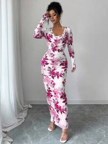 Elenzga Đầm ôm sát cơ thể mini dáng ôm, cổ xếp nếp, buộc eo, họa tiết hoa xanh trắng phong cách mới, gợi cảm, thanh lịch, thu/đông - Màu tím - Xem 4