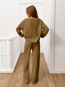 EURMUSE 2pcs Women Casual Solid Color Drawstring Cardigan Knit Set - Camel - View 2