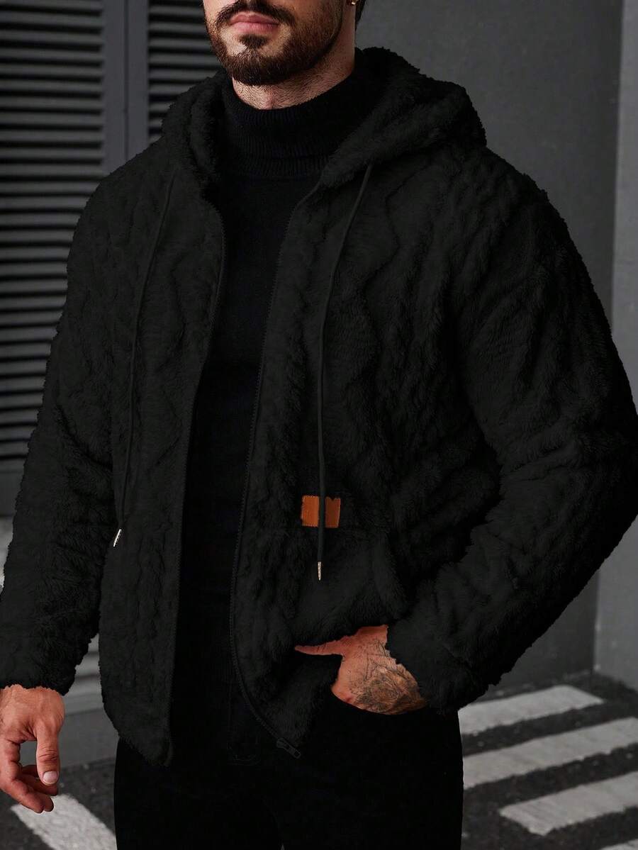 Manfinity CasualCool Men's Warm Fleece Zip-Up Hooded Long Sleeve Jacket, Autumn/Winter Black Jacket For Outerwear Men Jacket Winter Designer Jacket Men Black Hoodie Men Zip Up Jacket - Black - View 1