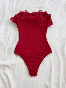 Soleia 夸张荷叶边露肩女式紧身衣，适合派对、节日、约会、下午茶、度假、音乐节、海滩、夏季服装、波西米亚风、度假、钩针编织、亚麻 - 酒紅色 - 查看 2