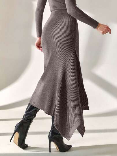EURMUSE Smart Office Chic Asymmetrical Cut Midi Length Knitted Skirt