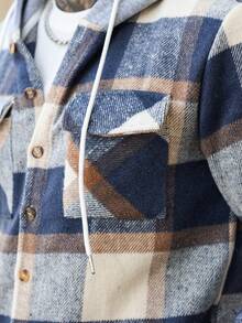 EGENSIO 男士格子长袖单排扣口袋抽绳连帽休闲夹克，秋冬男士法兰绒格子夹克，男士长袖法兰绒 - 藍白色 - 查看 6