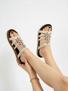 Sandalia para mujer tejido a mano concha decorativa punta redonda sin cordones suela plana estilo bohemio verano playa paseo sandalia - Blanco - Ver 3