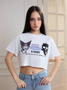 HELLO KITTY AND FRIENDS | SHEIN 女士休闲日常通勤可爱卡通字母图案落肩宽松短款 T 恤，夏季 - 白色 - 查看 4