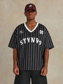 STYNVO 男士字母条纹V领短袖休闲宽松T恤 - 黑色 - 查看 5