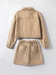 SHEIN 2pcs/Set Teen Y2k Girl Khaki Denim Cropped Jacket & Mini Skirt,Fall Clothes,Winter Clothes ,Street Wear,Back To School Clothes