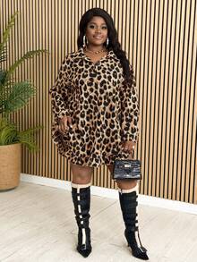 Slaydiva Plus Size Leopard Print Ruffle Hem Long Sleeve Shirt, Front Short Back Long - Coffee Brown - View 6