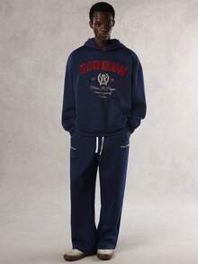 Bộ áo hoodie lót nhiệt thêu chữ cho nam, màu xanh navy, thu/đông - Màu xanh lam - Xem 5
