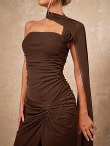 Lumalex 女式围巾领、褶皱胸部和开衩超长连衣裙 - 棕色 - 查看 7