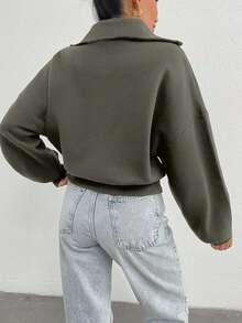 EURMUSE 100% Cotton Collar With Zipper Pattern Oversize Sweatshirt - Army Green - View 2