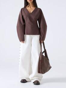 LYSMO 女士纯色束腰衬衫，适合通勤 - 咖啡棕 - 查看 7