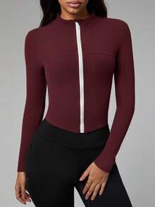 Dewbera Women's Elegant White Autumn Modest Gym Workout Zip-Up Contrast Color Stand Collar Long Sleeve Fitted Yoga Sports Jacket Spandex Cropped Tight Shirt - Burgundy - View 1