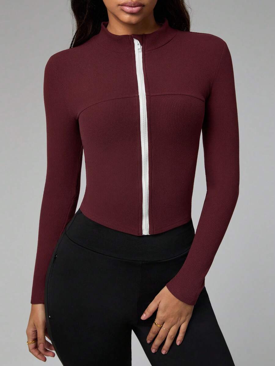 Dewbera Women's Elegant White Autumn Modest Gym Workout Zip-Up Contrast Color Stand Collar Long Sleeve Fitted Yoga Sports Jacket Spandex Cropped Tight Shirt - Burgundy - View 1