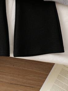 SHEIN Playful Pals 2pcs/Set Young Girls Fashion Gray Soft Ribbed Crew Neck Bowknot Long Sleeve Cardigan Top And Black Flared Pants Casual Outfit, Suitable For Daily Wear, Spring/Autumn - Grey - View 4