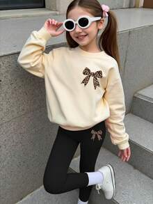 1 套年轻女孩休闲时尚简约豹纹蝴蝶结图案连帽衫和紧身裤套装，杏色，适合秋冬日常和学校服装 - 彩色 - 查看 5