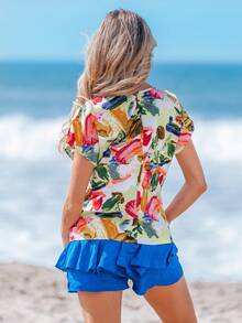 Sylviya Allover Print Batwing Sleeve Blouse,Short Sleeve Tops