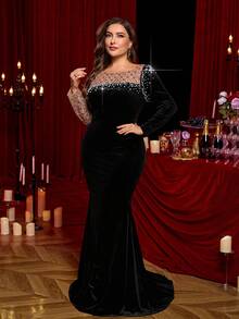 Glamrae Abito lungo elegante e romantico con patchwork in velluto nero, decorato con perline di lusso, maniche lunghe asimmetriche e orlo a sirena con strascico, adatto per matrimoni, feste, celebrazioni e occasioni formali - nero - Visualizzare 8