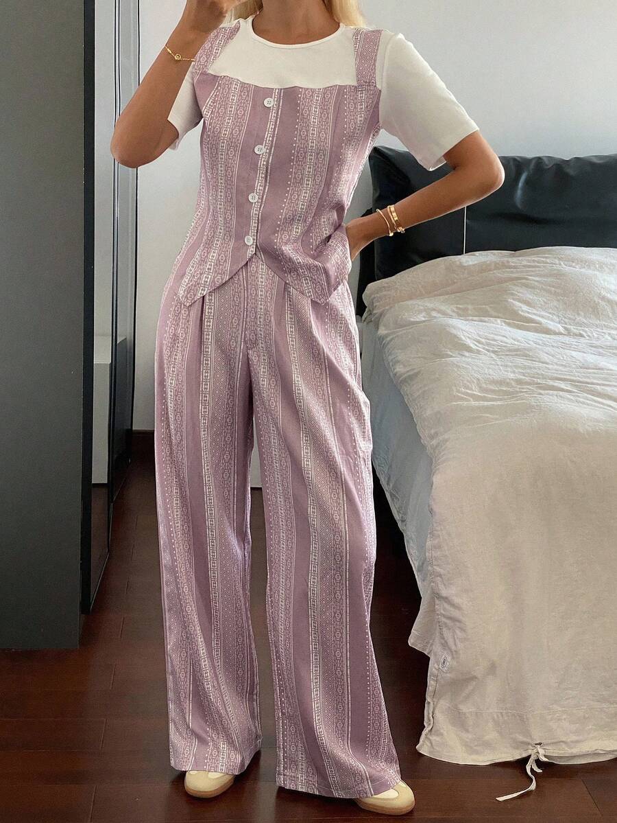 DAZY 2pcs Women's Casual Patchwork 2 In 1 Top And Wide Leg Pants Set Lounge Sets For Women - Pink - View 1
