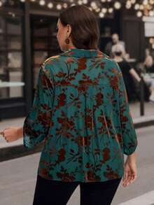 SHEIN LUNE 大码女式荷叶边袖纽扣设计奢华天鹅绒烂花透视衬衫 - 彩色 - 查看 7