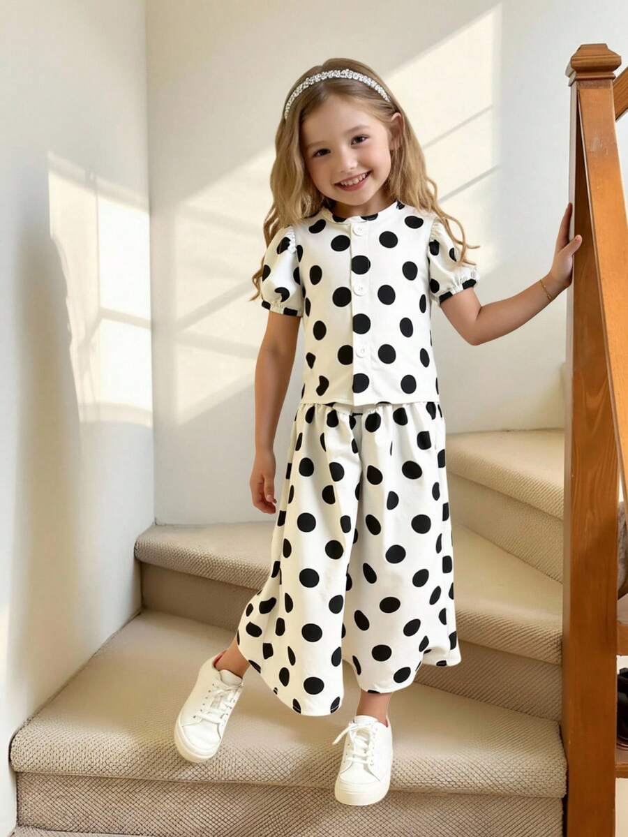 2pcs/Set Young Girl Cute Polka Dot Round Neck Short Sleeve Shirt And Wide Leg Pants Set, Suitable For Spring/Summer - Black and White - View 1