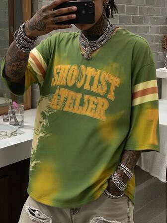 SHEIN Manfinity Dauomo 男士夏季时尚拼色条纹和字母印花 T 恤