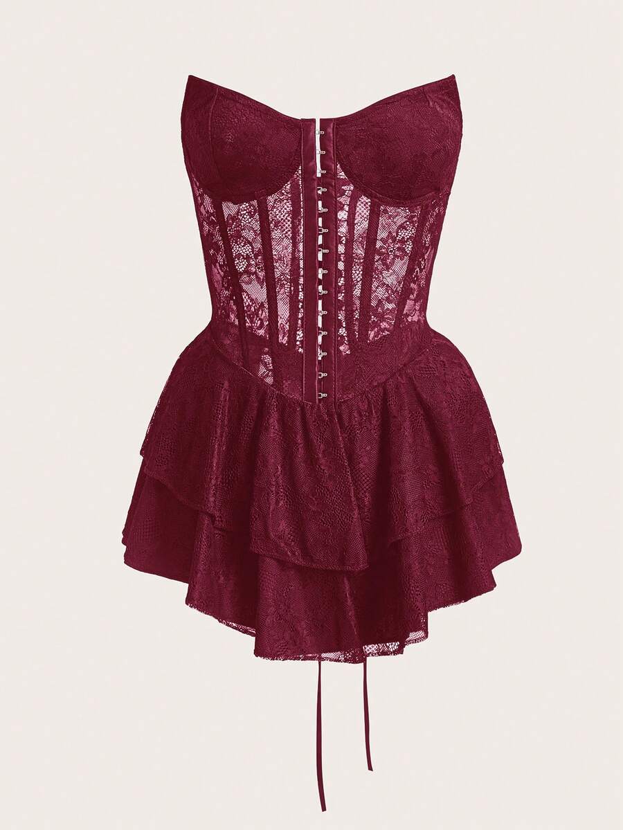 Sweetina Strapless Metal Button Waist Flared Dress - Red - View 1
