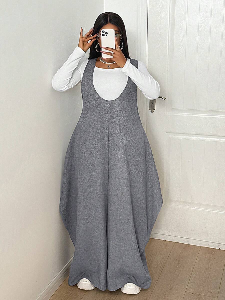 Maweii Mono de moda con diseño acampanado, bolsillos y tela jacquard de dos tonos para mujer de talla grande, adecuado para fiestas, salidas nocturnas, Halloween, Navidad, otoño/invierno - Gris - Ver 1