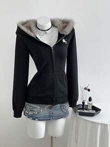 Elamini 1 件黑色刺绣仿毛领拉链连帽夹克，修身，长袖，休闲/校服，秋冬 - 黑色 - 查看 6