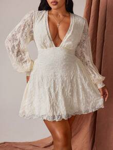 Rustia Women's Low V-Neck Lace French Elegant Vacation Long Sleeve Dress, Autumn/Winter - Apricot - View 2