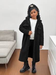 SHEIN Veste à capuche réversible en polaire épaisse de couleur unie pour préadolescentes, convient pour le port casual quotidien, veste longue, noir, automne/hiver - Noir - Voir 3