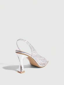 CUCCOO SZL Women's Fashion Charming Glass Rhinestone Decor Chunky Heel Sandals, Pearl Rose Gold Color, TPU Transparent Material, Square Toe Comfortable Casual, Suitable For Party, Wedding, Gathering, Spring/Summer/Autumn For Christmas - Silver - View 9