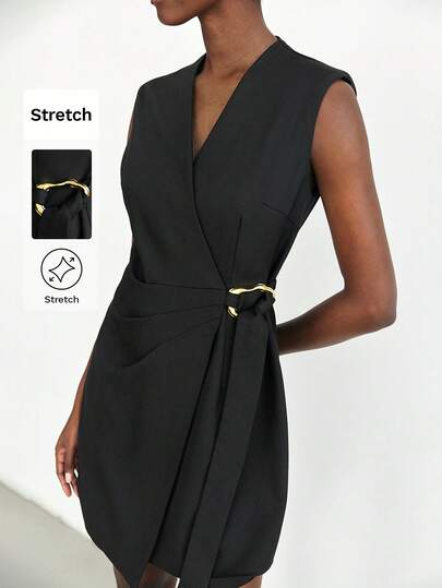 Maija Women's Black V-Neck Sleeveless Dress With Metal Decor Button, Chic And Fashionable For Spring/Summer, Suitable For Office, Business, Casual Wear Modern Urban Casual Fashion Business Casual Women's Office Wear Low-Key Old Money Style Effortless Temperament High-End Urban Commuting High-Quality Airport Women's Wear High-End Material Modern Urban Casual Fashion Business Casual Women's Office Wear Low-Key Old Money Style Effortless Temperament High-End Urban Commuting High-Quality Airport