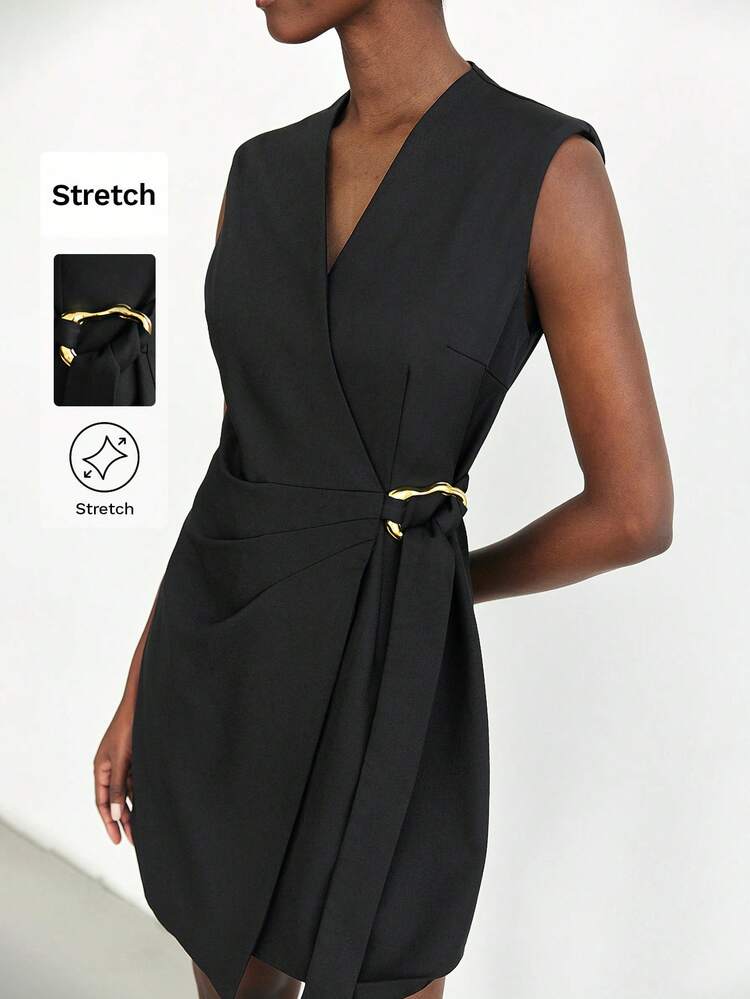 SHEIN Maija Women's Black V-Neck Sleeveless Dress With Metal Decor Button, Chic And Fashionable For Spring/Summer, Suitable For Office, Business, Casual Wear Modern Urban Casual Fashion Business Casual Women's Office Wear Low-Key Old Money Style Effortless Temperament High-End Urban Commuting High-Quality Airport Women's Wear High-End Material Modern Urban Casual Fashion Business Casual Women's Office Wear Low-Key Old Money Style Effortless Temperament High-End Urban Commuting High-Quality Airport Women Easter Summer Outfits Easter Dress Women Party Top Beach Dress Summer Holiday Outfits Each Vacation Outfits For Women  Summer Outfit For Women Going Out Outfits Graduation Graduation Outfit  Casual Dresses  Casual Blouses For Women Elegant Women's Blouses Casual Blouse For Women Formal Attire For Women Office Wear Women Business