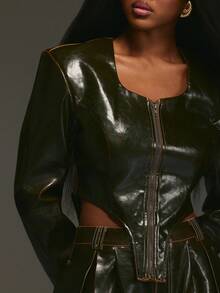 NYA SZN Ari Outerwear Jacket Dark Green Leather PU Vinyl Aged Cropped Zip Up Jacket Shoulder Pads Y2K Oversized Fall Statement Outifts For Women