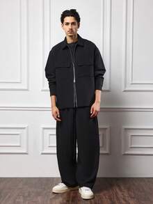 SUMWON 修身现代街头风拉链衬衫外套和阔腿裤套装，休闲时尚秋冬两件套纯色 - 黑色 - 查看 5