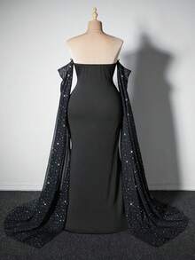 Viva Relle 优雅复古披肩领收腰纯色简约露肩长裙 - 黑色 - 查看 6