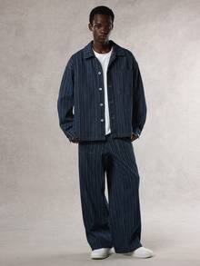 DAZY 男士条纹面料字母数字刺绣设计蓝色夹克套装，秋季 - 藍色 - 查看 3